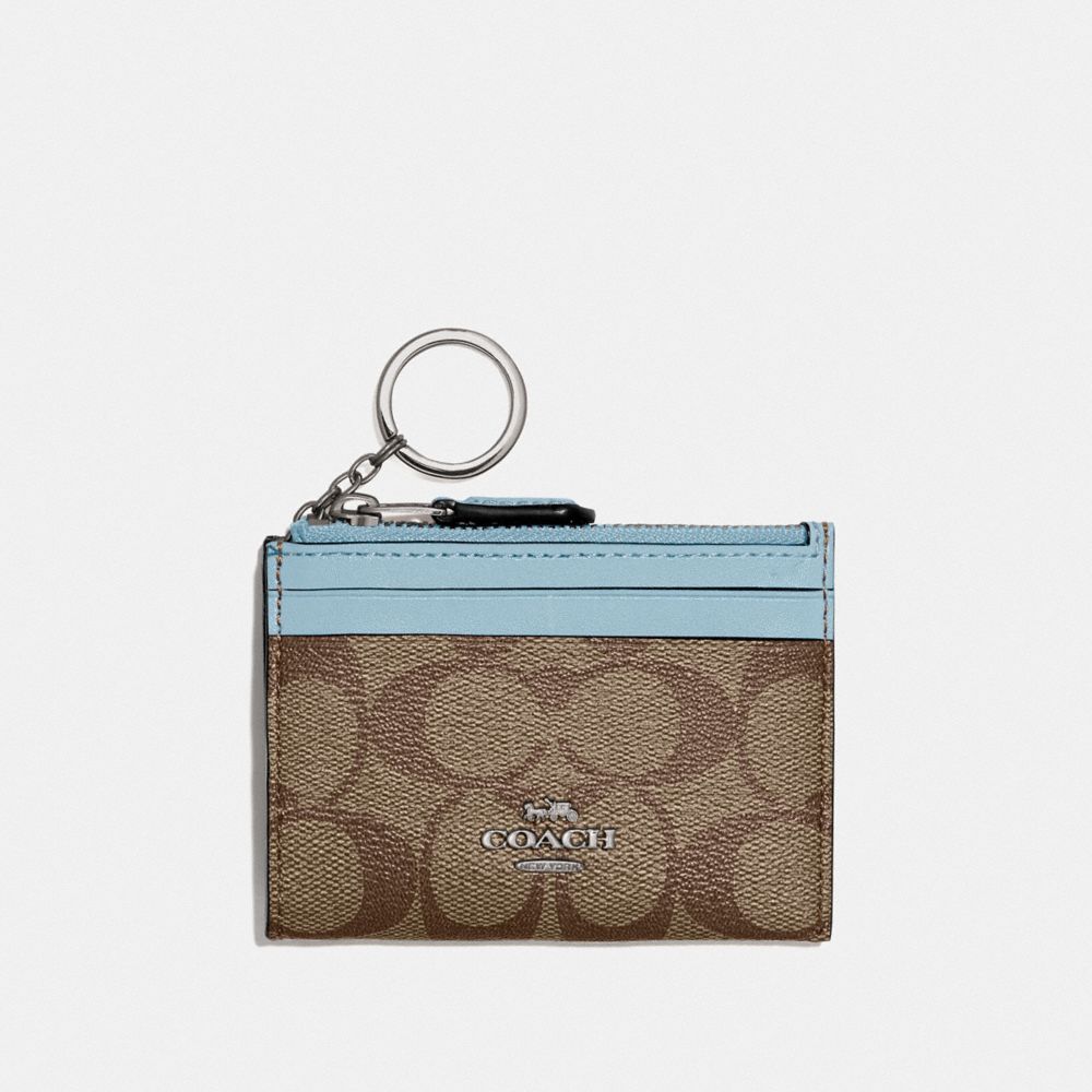 COACH 88208 Mini Skinny Id Case In Signature Canvas SILVER/KHAKI PALE BLUE