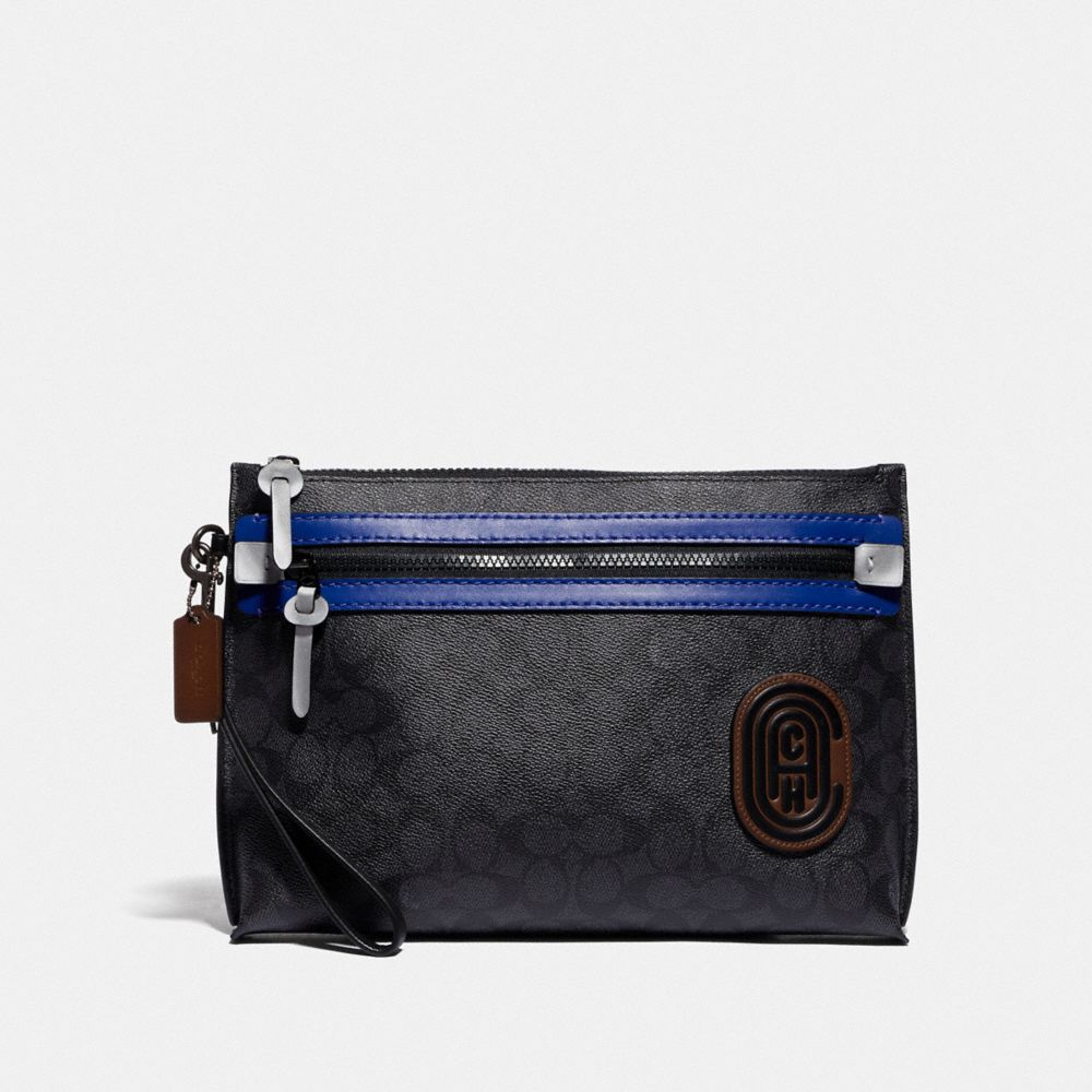 COACH 88218 ACADEMY POUCH IN SIGNATURE CANVAS WITH COACH PATCH CHARCOAL/SPORT-BLUE
