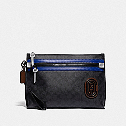 COACH 88218 Academy Pouch In Signature Canvas With Coach Patch CHARCOAL/SPORT BLUE