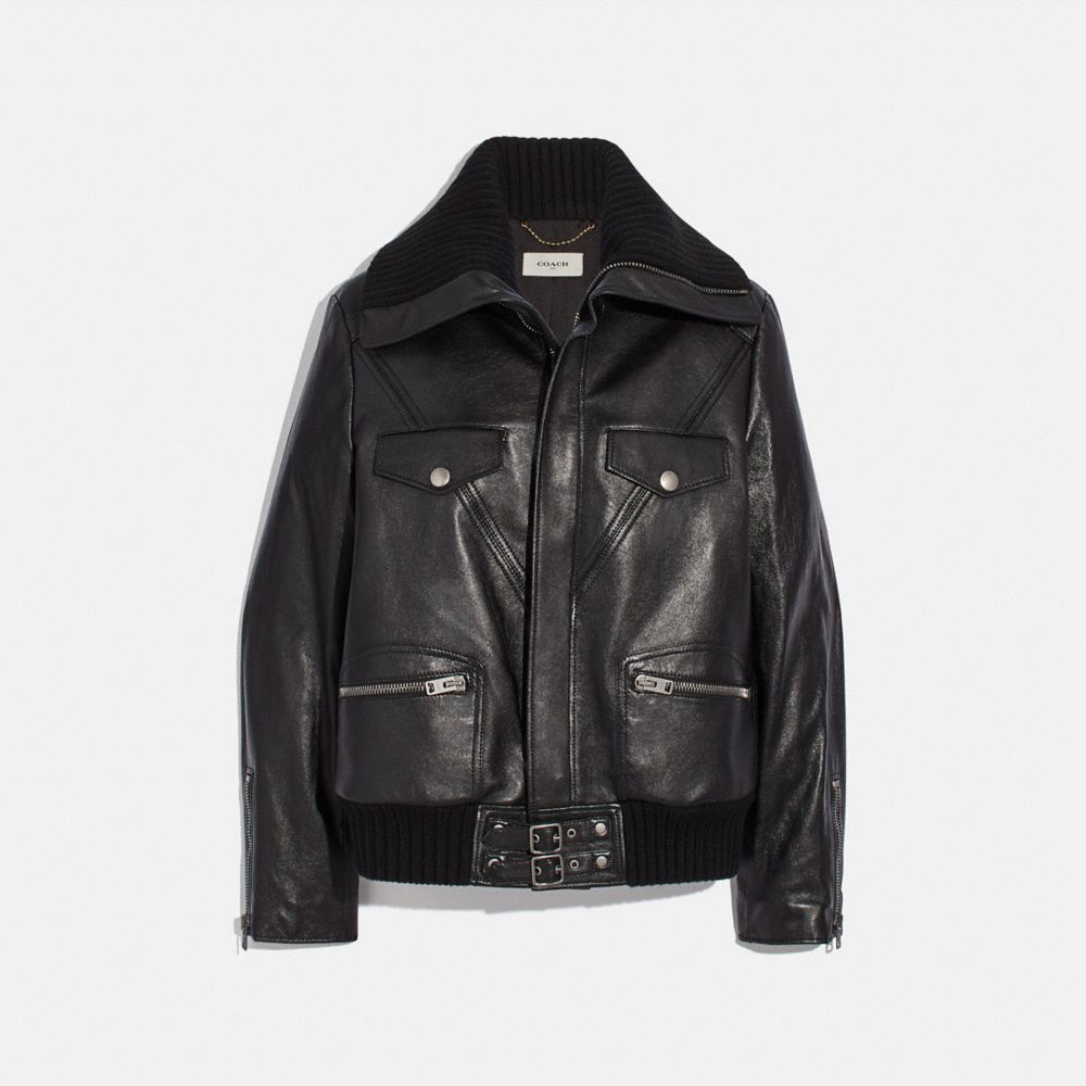 Leather Jacket With Knit Collar - 88373 - BLACK