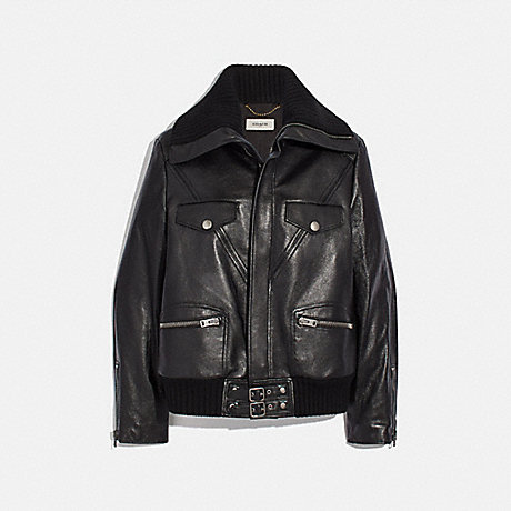 COACH Leather Jacket With Knit Collar - BLACK - 88373