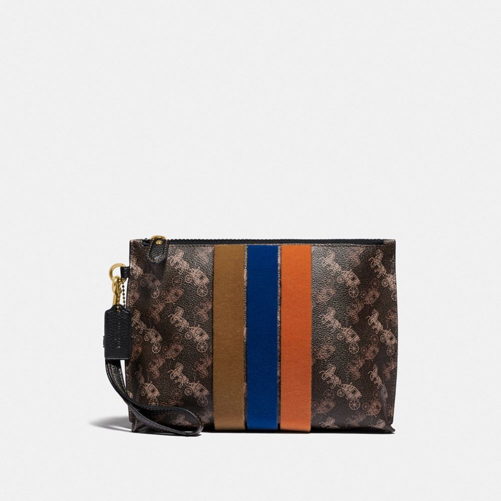 CHARLIE POUCH WITH HORSE AND CARRIAGE PRINT AND VARSITY STRIPE - BRASS/BROWN BLACK - COACH 88500