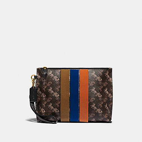 COACH CHARLIE POUCH WITH HORSE AND CARRIAGE PRINT AND VARSITY STRIPE - BRASS/BROWN BLACK - 88500