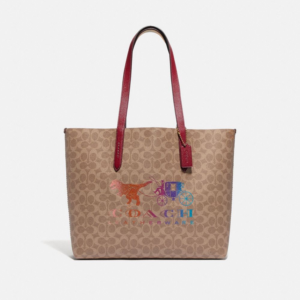 HIGHLINE TOTE IN SIGNATURE CANVAS WITH REXY AND CARRIAGE - 88775 - BRASS/TAN DEEP RED MULTI