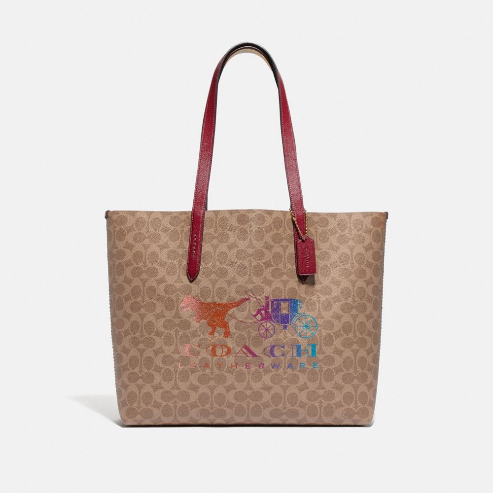 COACH 88775 HIGHLINE TOTE IN SIGNATURE CANVAS WITH REXY AND CARRIAGE BRASS/TAN DEEP RED MULTI