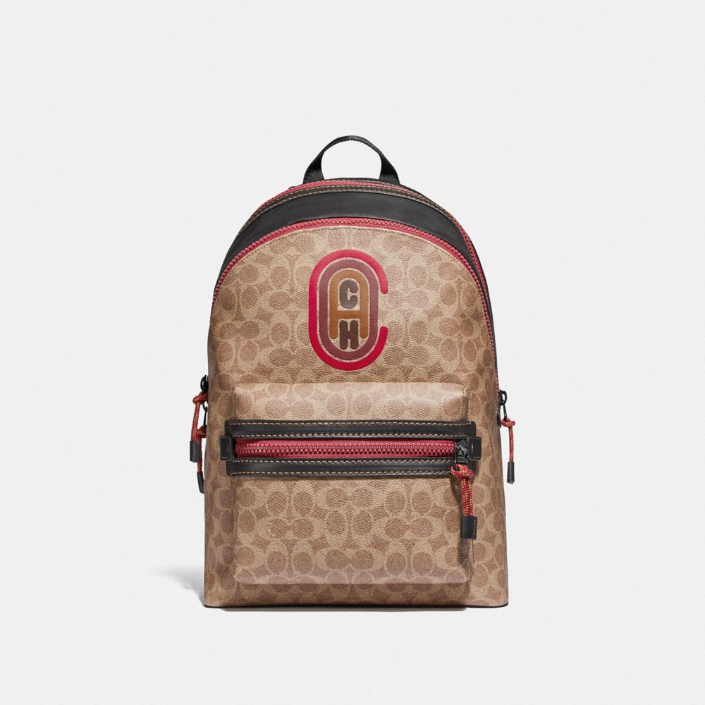 COACH 89090 Academy Backpack In Signature Canvas With Coach Patch BLACK COPPER/KHAKI