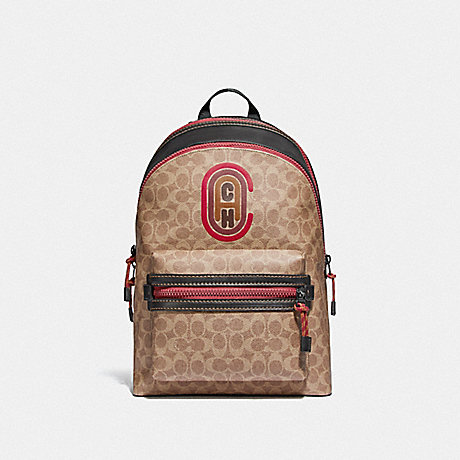 COACH 89090 Academy Backpack In Signature Canvas With Coach Patch BLACK-COPPER/KHAKI