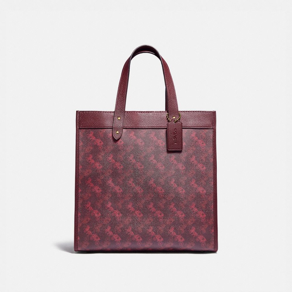 COACH 89143 Field Tote With Horse And Carriage Print BRASS/OXBLOOD CRANBERRY