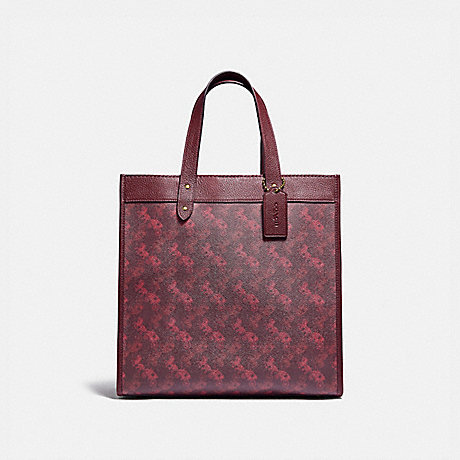 COACH 89143 Field Tote With Horse And Carriage Print BRASS/OXBLOOD CRANBERRY