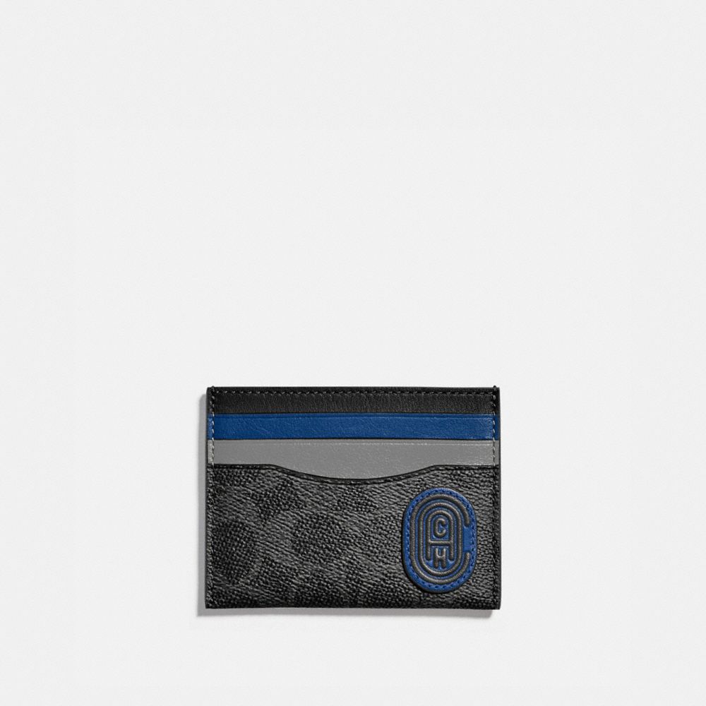COACH 89210 Card Case In Colorblock Signature Canvas With Coach Patch CHARCOAL/DEEP SKY
