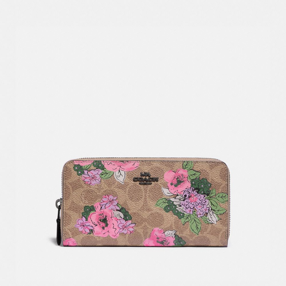 COACH 89308 ACCORDION ZIP WALLET IN SIGNATURE CANVAS WITH BLOSSOM PRINT V5/TAN-PRINT