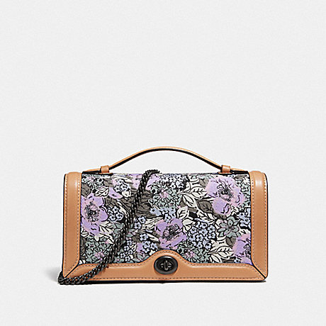 COACH 89395 RILEY CHAIN CLUTCH WITH HERITAGE FLORAL PRINT PEWTER/SOFT LILAC MULTI