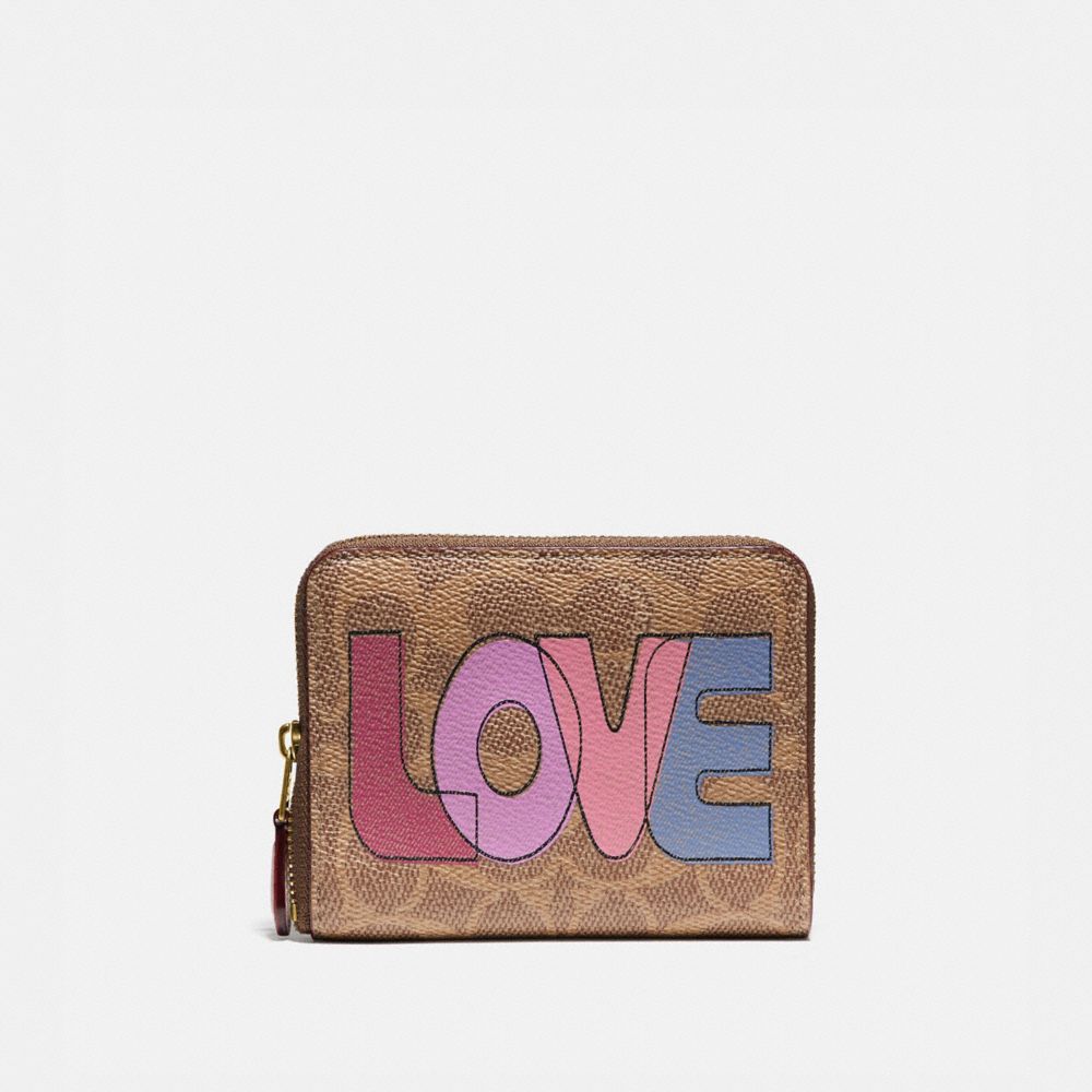 COACH 89564 Small Zip Around Wallet In Signature Canvas With Love Print B4/TAN PINK MULTI