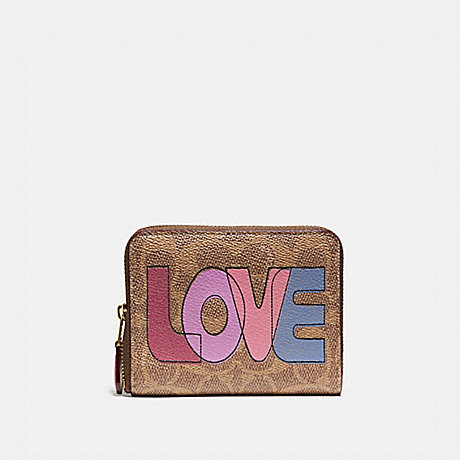 COACH 89564 SMALL ZIP AROUND WALLET IN SIGNATURE CANVAS WITH LOVE PRINT B4/TAN PINK MULTI