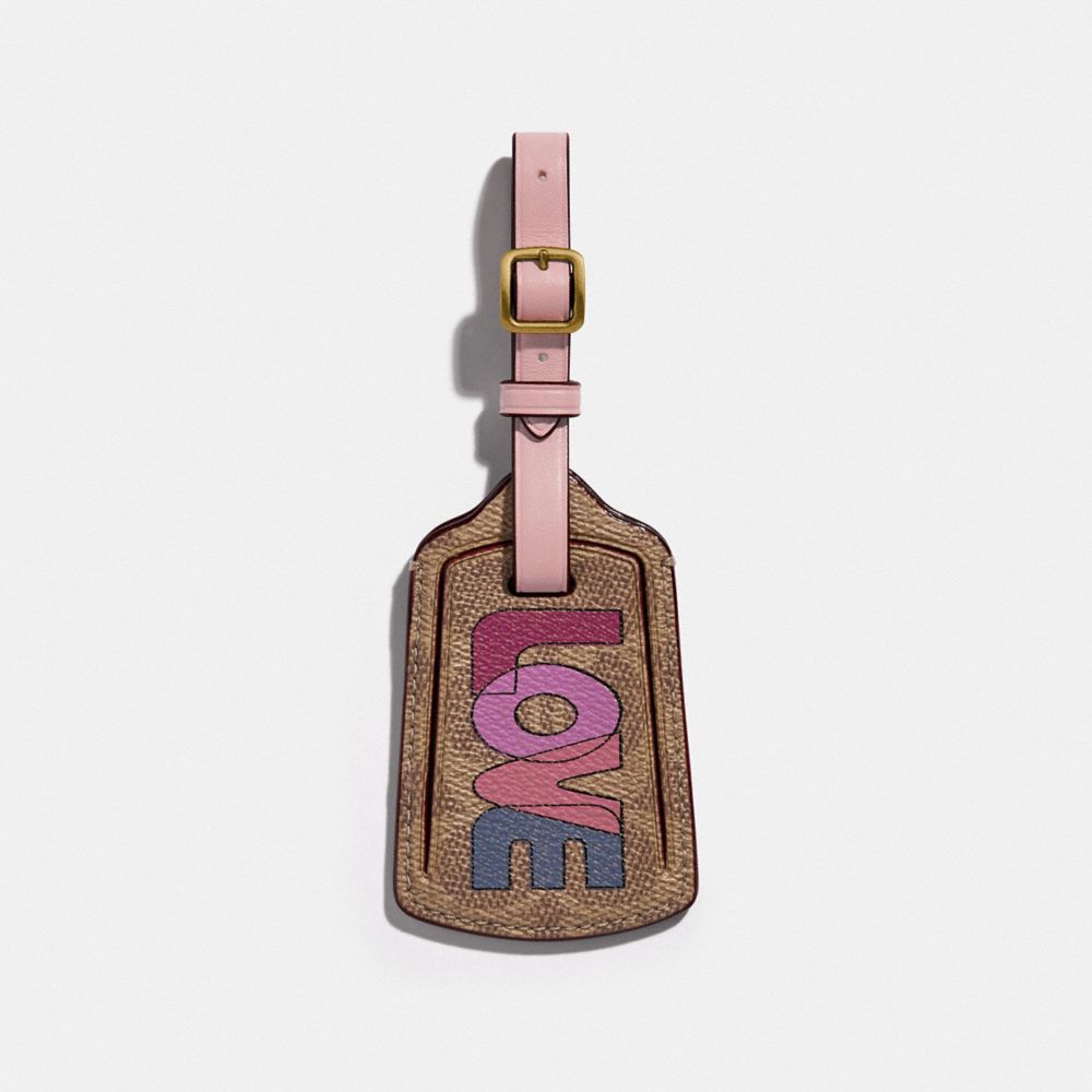 COACH 89572 LUGGAGE TAG IN SIGNATURE CANVAS WITH LOVE PRINT BRASS/TAN PINK MULTI