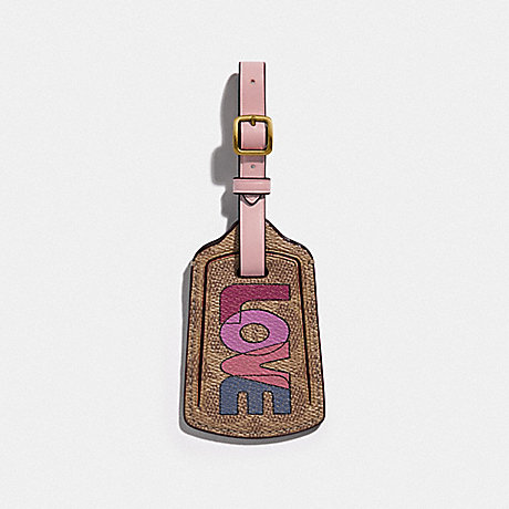 COACH 89572 LUGGAGE TAG IN SIGNATURE CANVAS WITH LOVE PRINT BRASS/TAN PINK MULTI