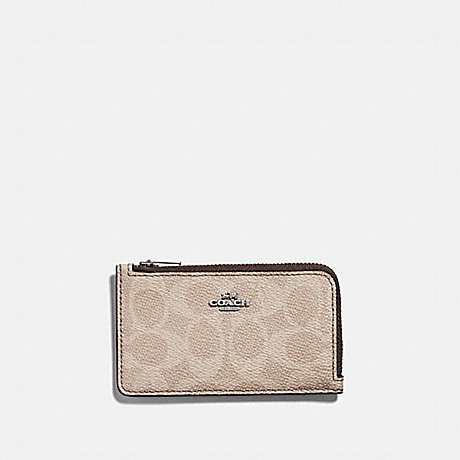 COACH SMALL L-ZIP CARD CASE IN BLOCKED SIGNATURE CANVAS - LH/TAN SAND ORCHID - 89579