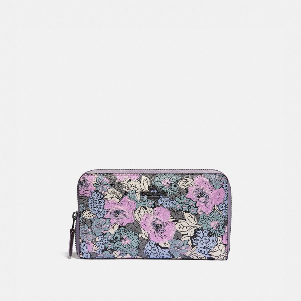 COACH 89685 MEDIUM ZIP AROUND WALLET WITH HERITAGE FLORAL PRINT PEWTER/SOFT LILAC MULTI