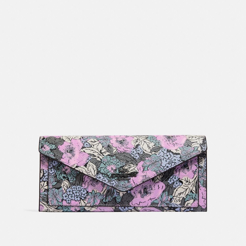 COACH 89686 Soft Wallet With Heritage Floral Print PEWTER/SOFT LILAC MULTI