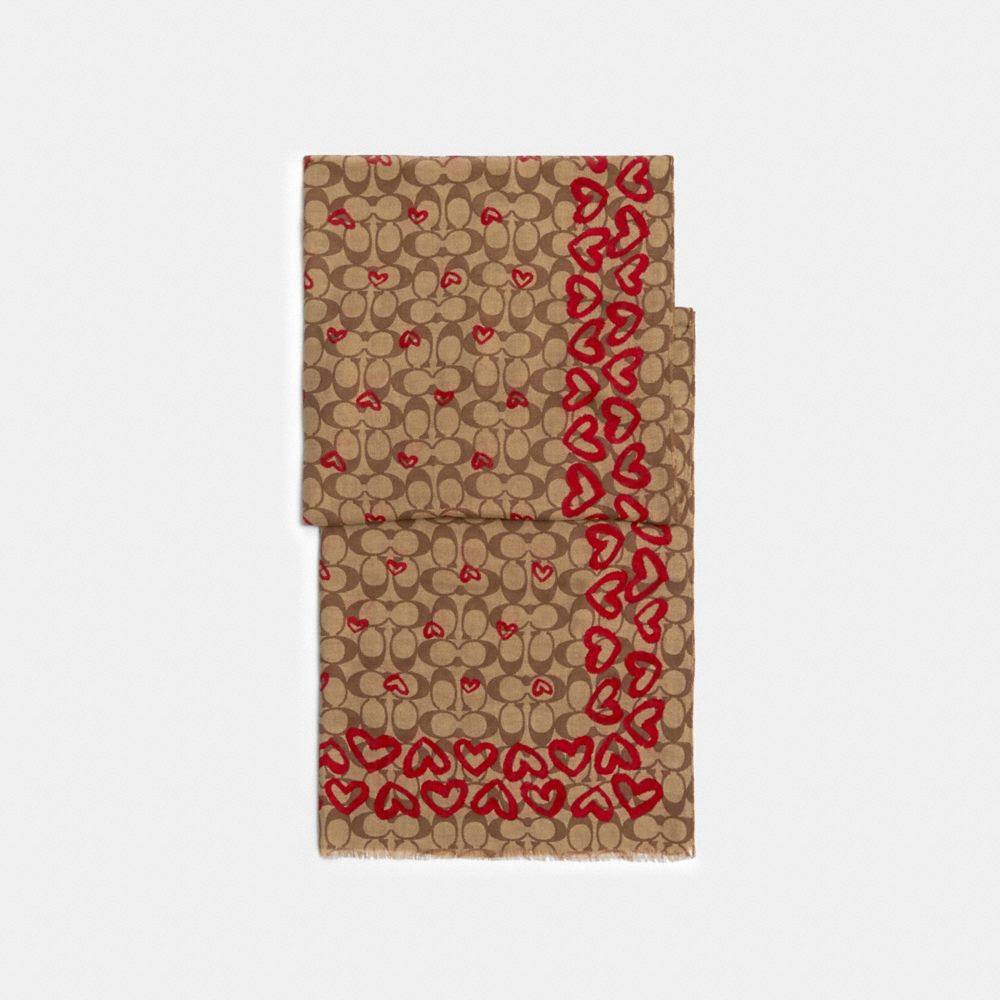 COACH SIGNATURE CRAYON HEARTS PRINT OBLONG SCARF - KHAKI/RED - 89834