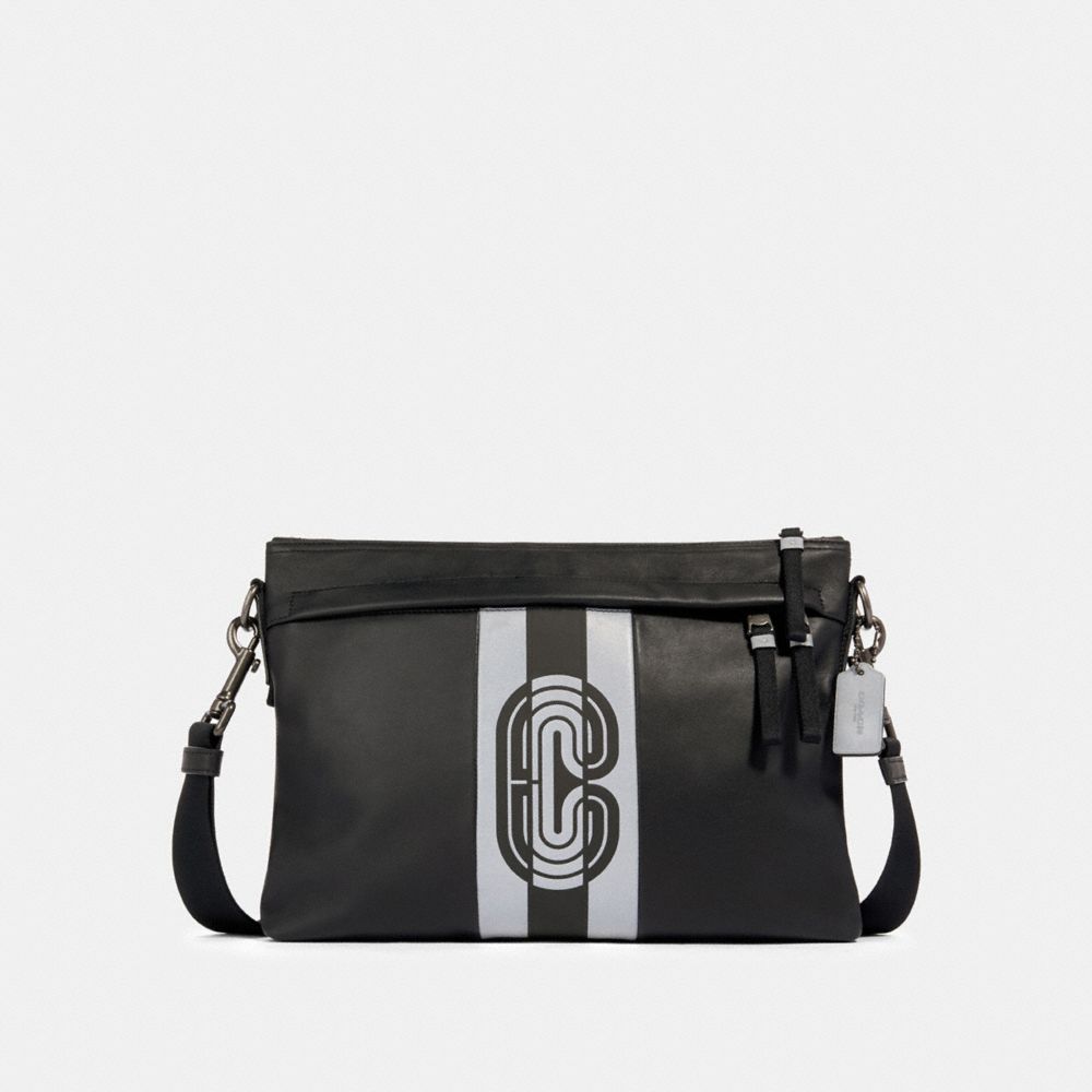 COACH 89914 - EDGE MESSENGER WITH REFLECTIVE VARSITY STRIPE AND COACH PATCH QB/BLACK/SILVER/BLACK