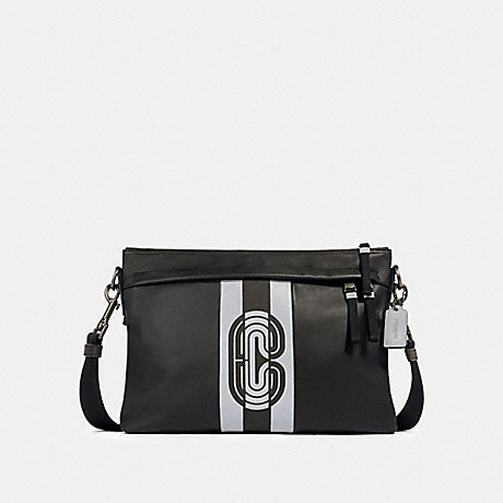COACH 89914 EDGE MESSENGER WITH REFLECTIVE VARSITY STRIPE AND COACH PATCH QB/BLACK/SILVER/BLACK