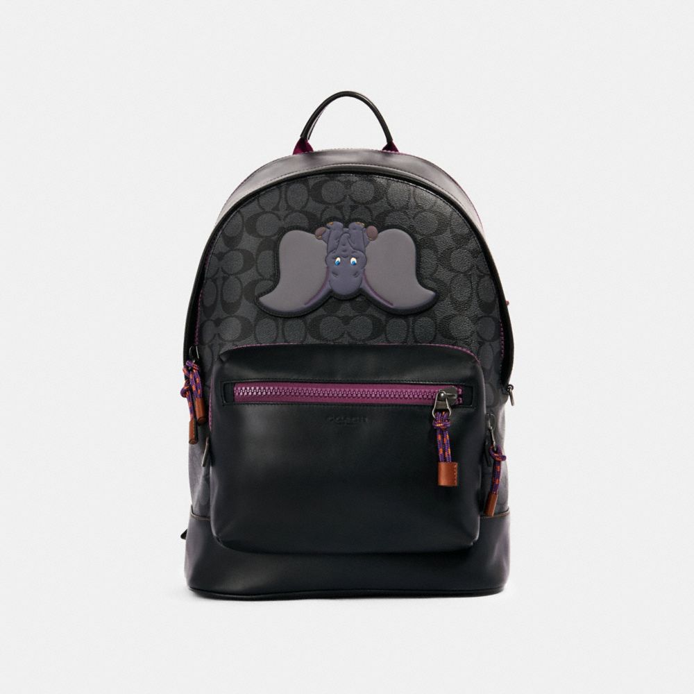 COACH 89943 Disney X Coach West Backpack In Signature Canvas With Dumbo QB/CHARCOAL PLUM MULTI