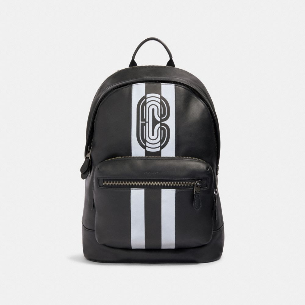 WEST BACKPACK WITH REFLECTIVE VARSITY STRIPE AND COACH PATCH - QB/BLACK/SILVER/BLACK - COACH 89945