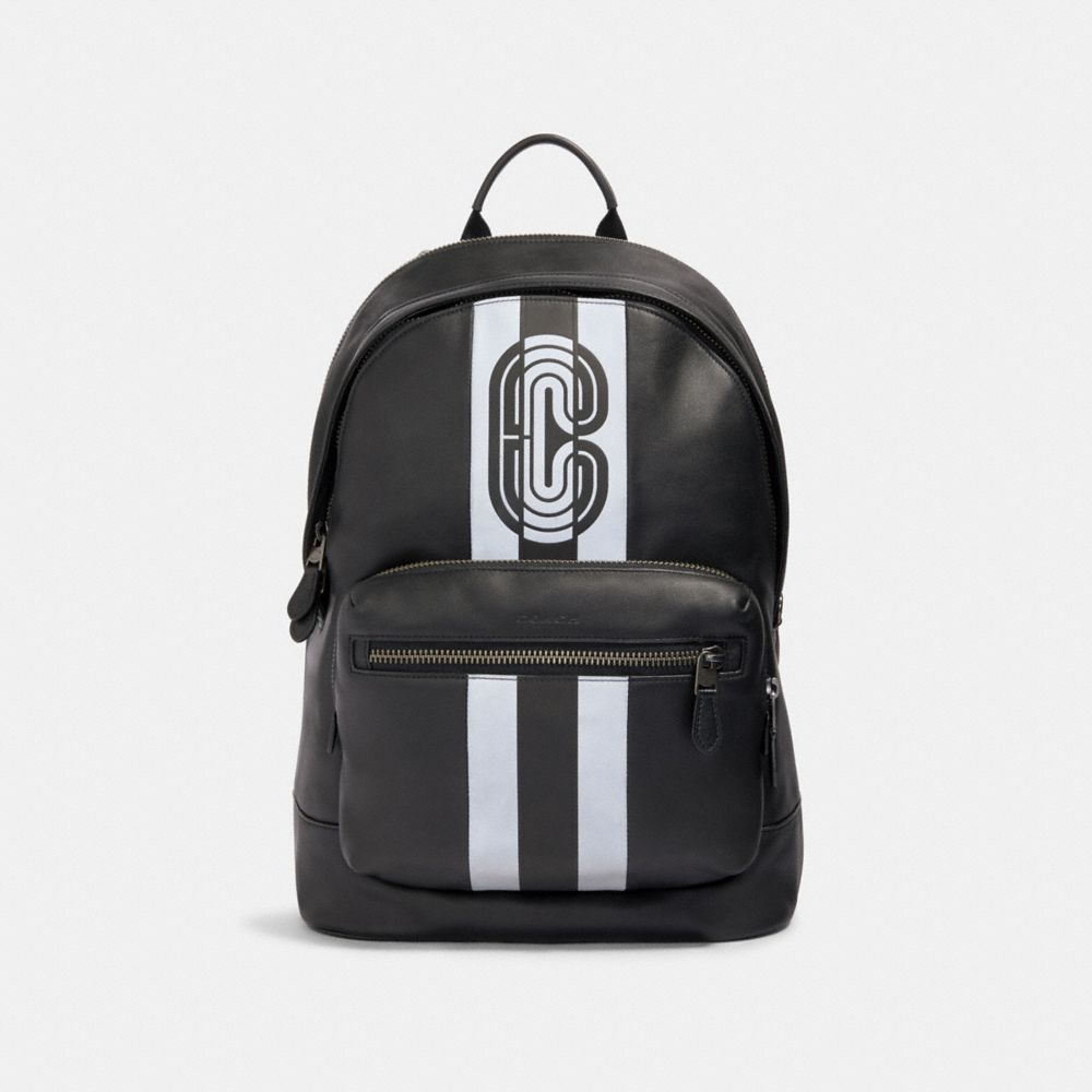 COACH 89945 WEST BACKPACK WITH REFLECTIVE VARSITY STRIPE AND COACH PATCH QB/BLACK/SILVER/BLACK