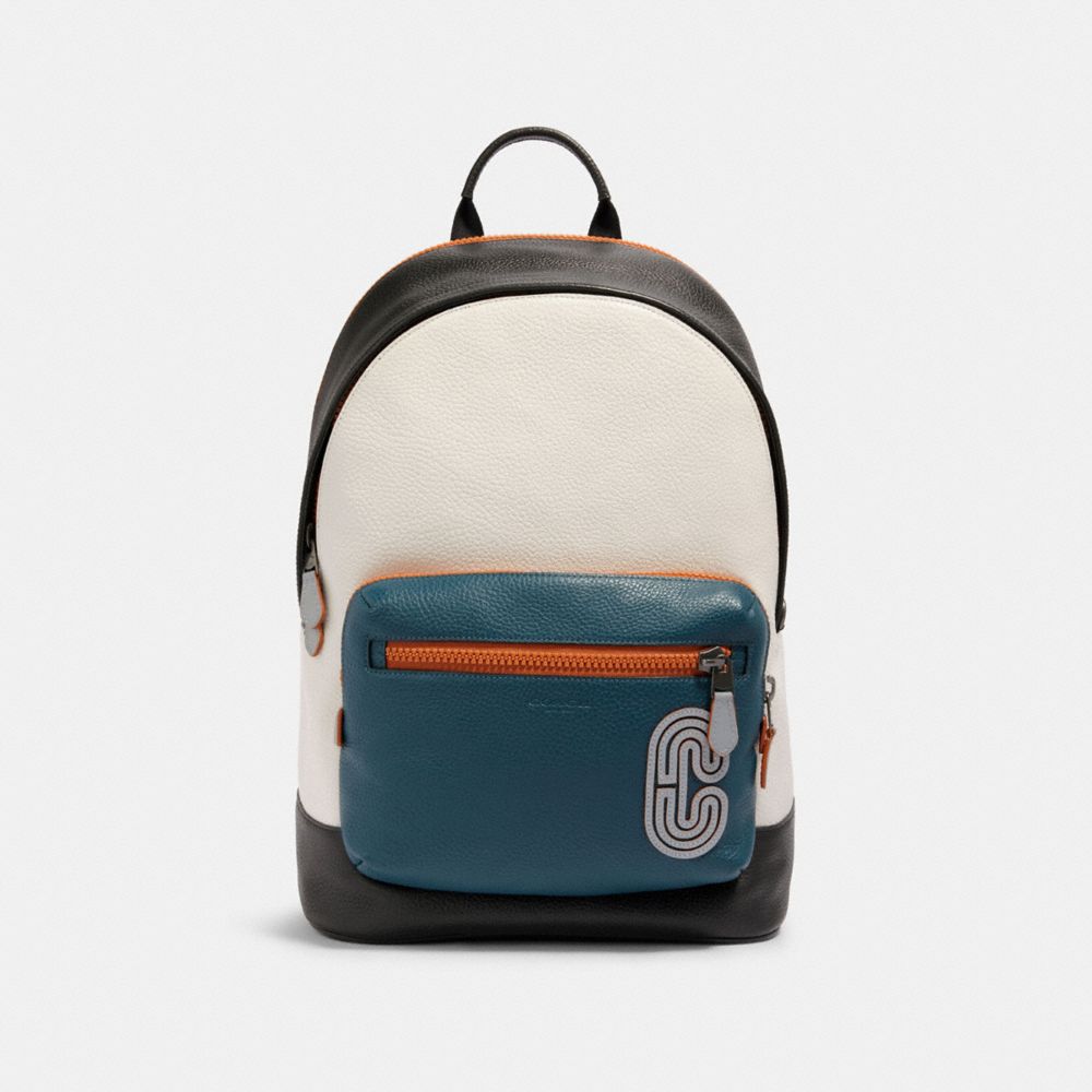 WEST BACKPACK IN COLORBLOCK WITH REFLECTIVE COACH PATCH - QB/CHALK/AEGEAN/ORANGE CLAY - COACH 89947