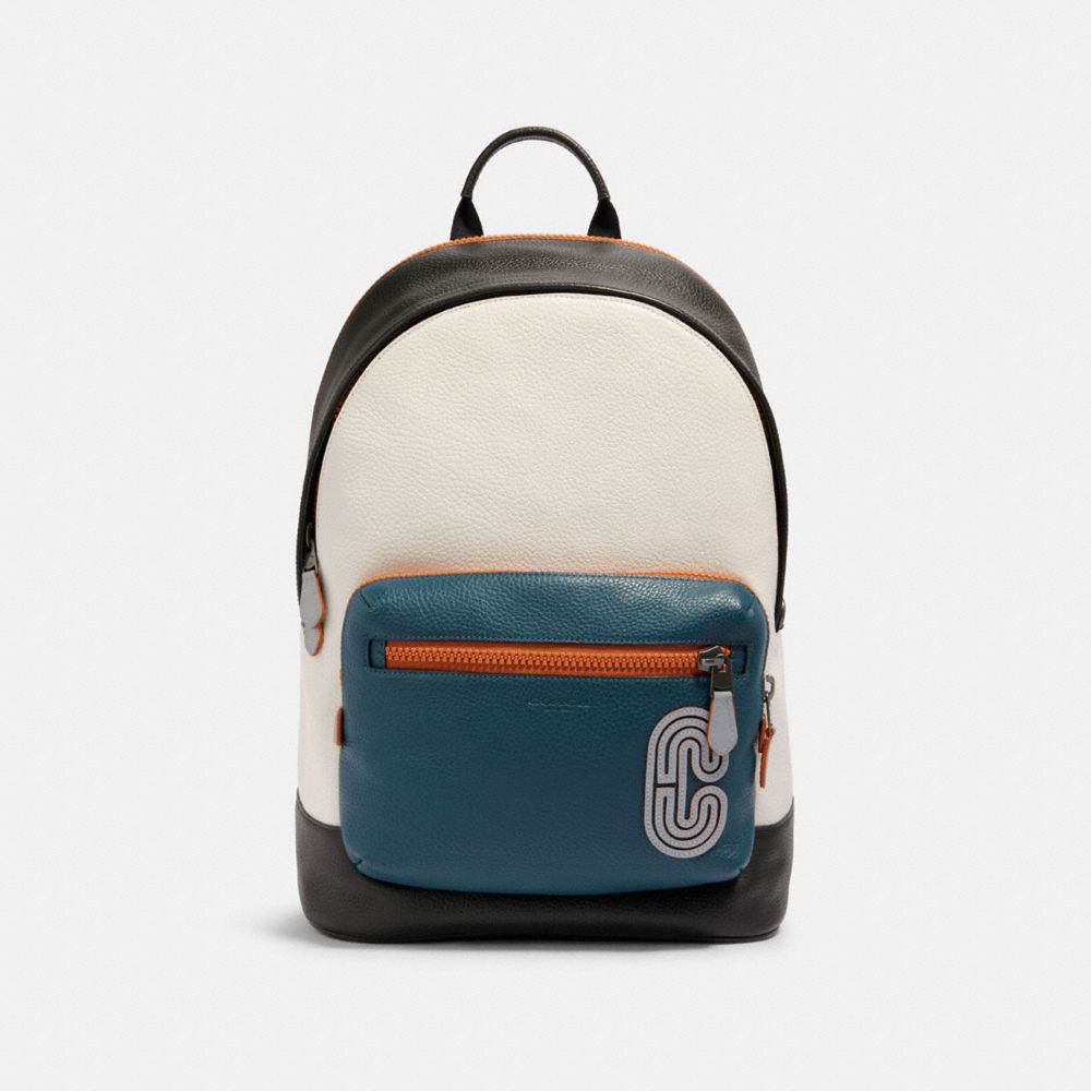 COACH 89947 WEST BACKPACK IN COLORBLOCK WITH REFLECTIVE COACH PATCH QB/CHALK/AEGEAN/ORANGE CLAY