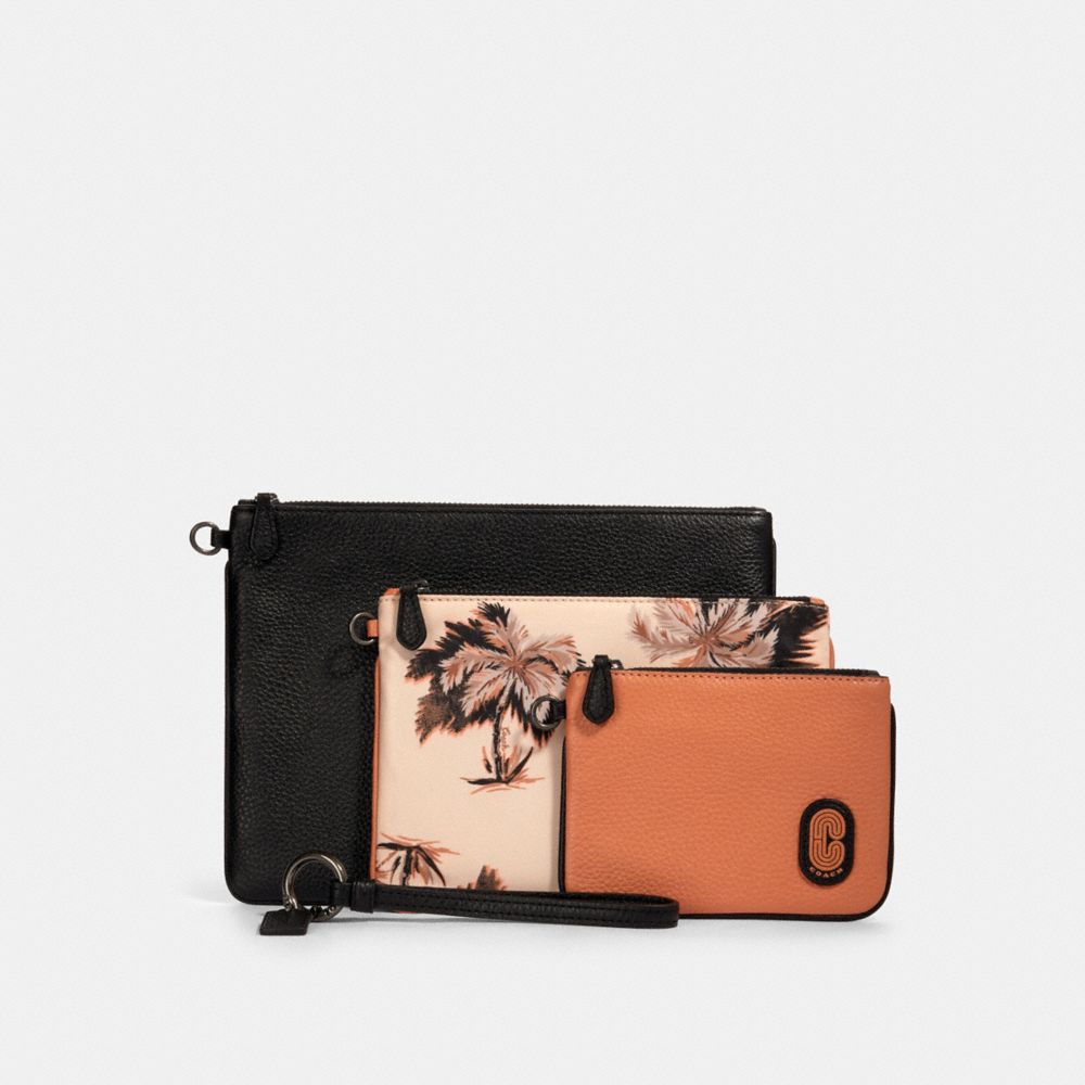 POUCH TRIO WITH GLOWING PALM PRINT - 90055 - QB/PEACH MULTI