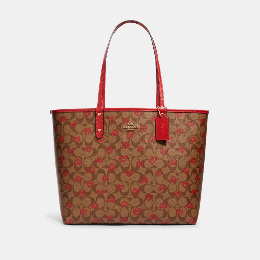 COACH 91014 REVERSIBLE CITY TOTE IN SIGNATURE CANVAS WITH CRAYON HEARTS PRINT IM/KHAKI MULTI TRUE RED