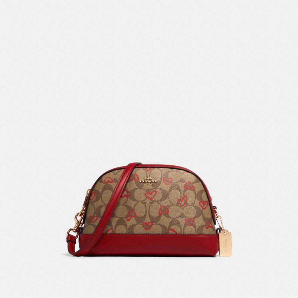 COACH 91015 DOME CROSSBODY IN SIGNATURE CANVAS WITH CRAYON HEARTS PRINT IM/KHAKI RED MULTI