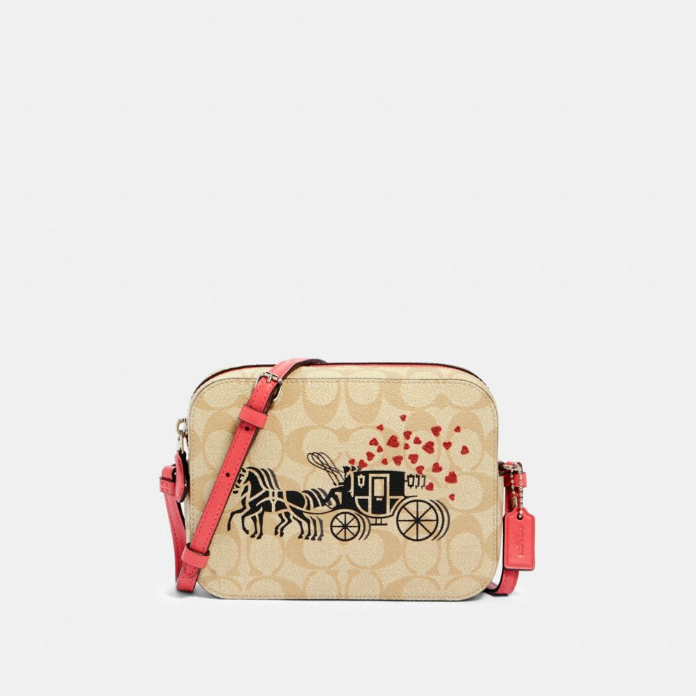 MINI CAMERA BAG IN SIGNATURE CANVAS WITH HORSE AND CARRIAGE HEARTS MOTIF - SV/LIGHT KHAKI MULTI/POPPY - COACH 91041