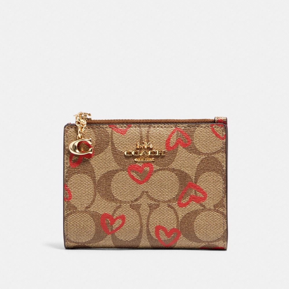 COACH 91054 Snap Card Case In Signature Canvas With Crayon Hearts Print IM/KHAKI RED MULTI