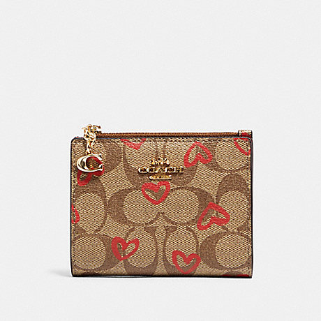 COACH 91054 SNAP CARD CASE IN SIGNATURE CANVAS WITH CRAYON HEARTS PRINT IM/KHAKI RED MULTI