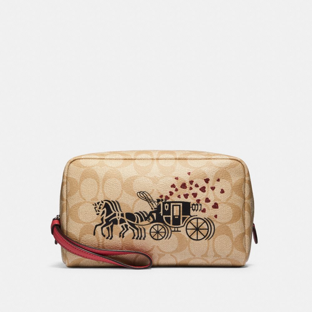 COACH 91062 BOXY COSMETIC CASE IN SIGNATURE CANVAS WITH HORSE AND CARRIAGE HEARTS MOTIF SV/LIGHT-KHAKI-MULTI/POPPY