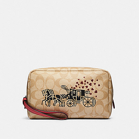 COACH 91062 BOXY COSMETIC CASE IN SIGNATURE CANVAS WITH HORSE AND CARRIAGE HEARTS MOTIF SV/LIGHT KHAKI MULTI/POPPY
