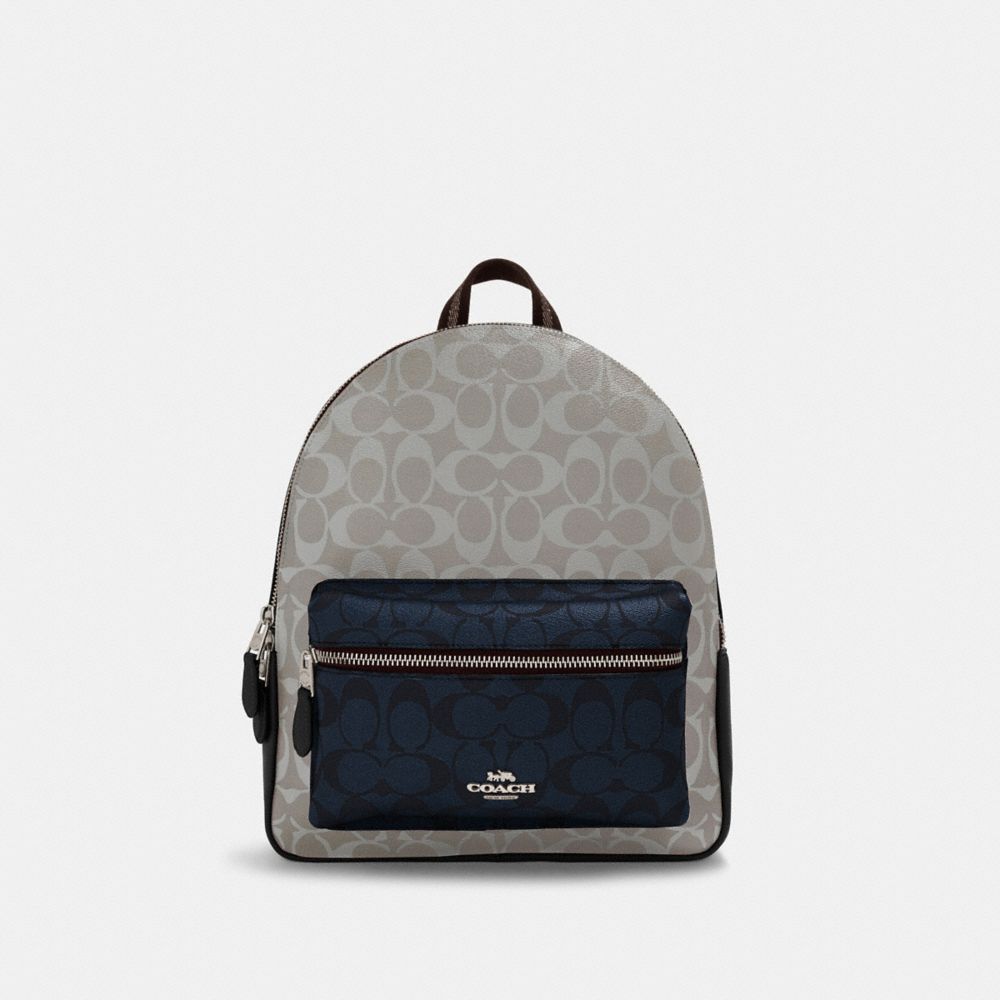 MEDIUM CHARLIE BACKPACK IN BLOCKED SIGNATURE CANVAS - SV/CHALK MULTI - COACH 91074