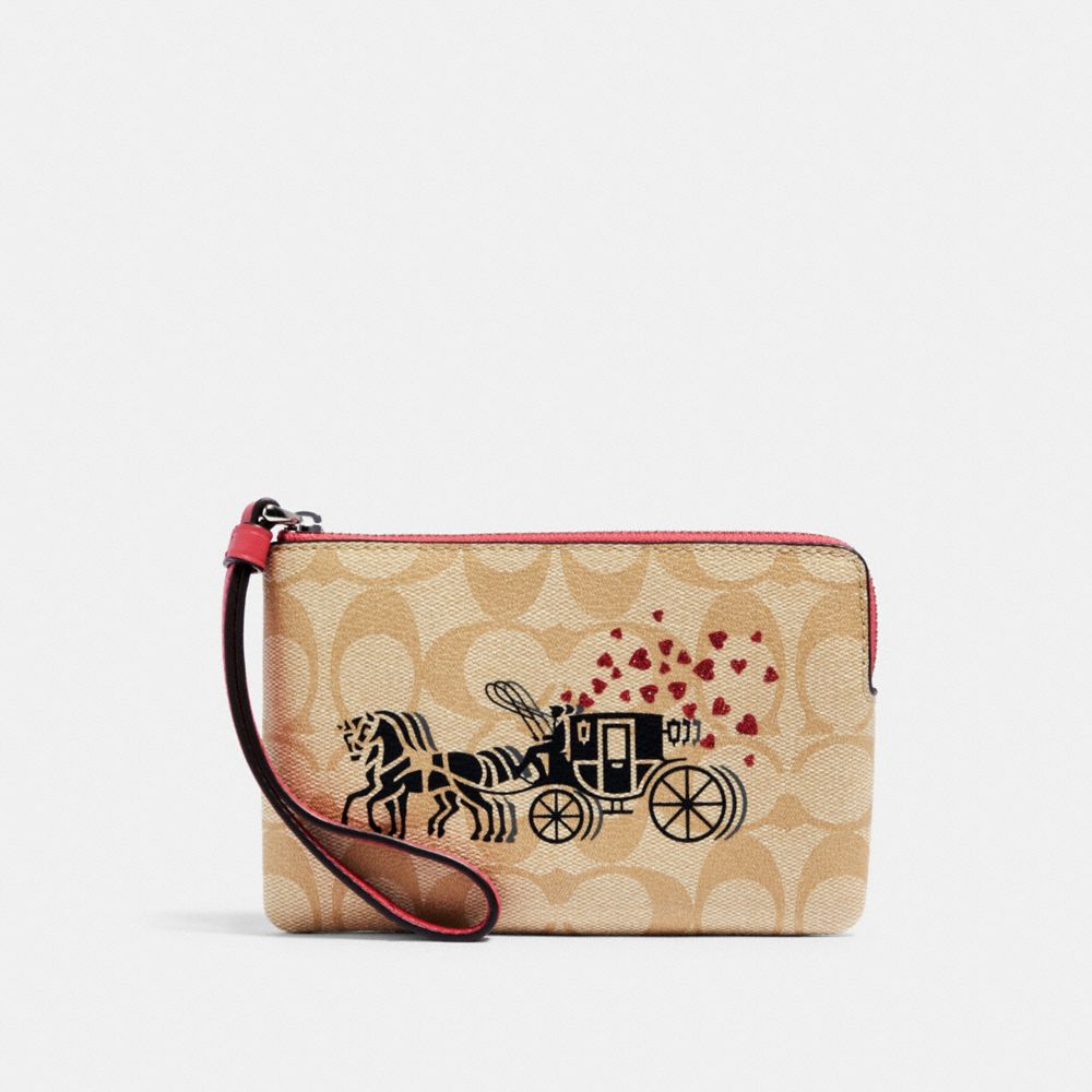 COACH 91075 Corner Zip Wristlet In Signature Canvas With Horse And Carriage Hearts Motif SV/LIGHT KHAKI MULTI/POPPY