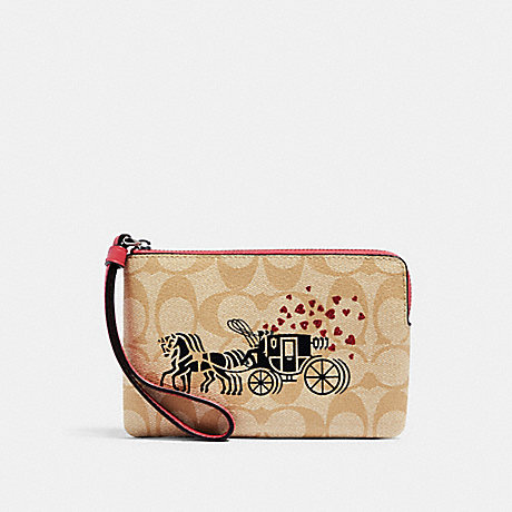 COACH 91075 CORNER ZIP WRISTLET IN SIGNATURE CANVAS WITH HORSE AND CARRIAGE HEARTS MOTIF SV/LIGHT KHAKI MULTI/POPPY