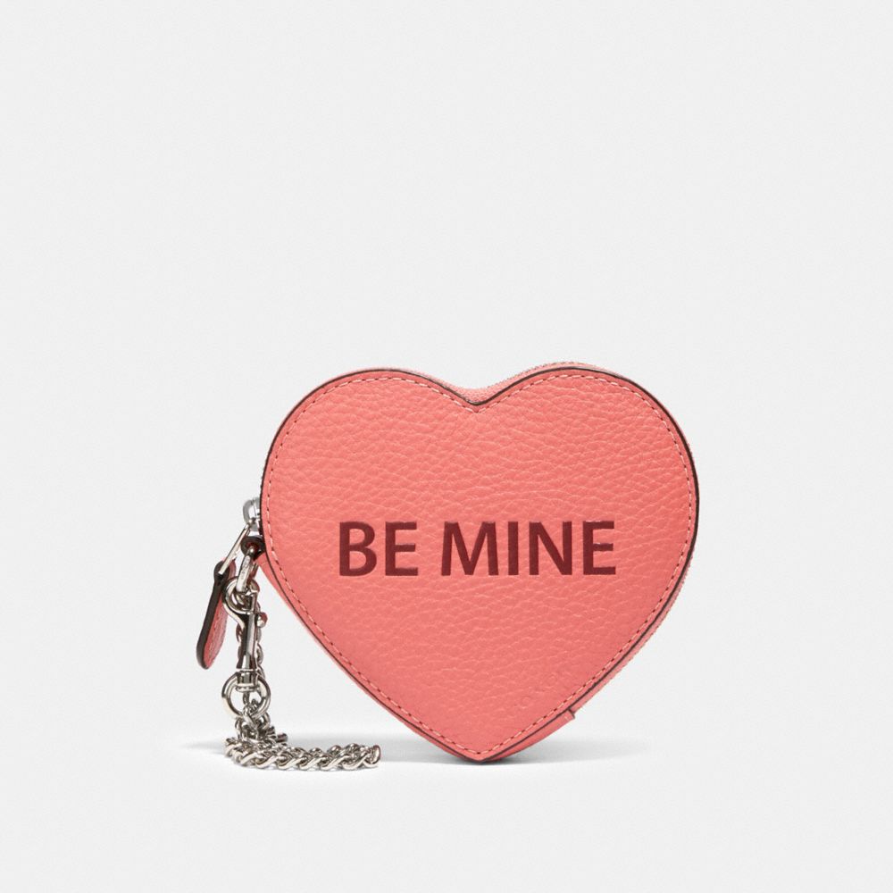 COACH 91085 - HEART COIN CASE WITH BE MINE AND XOXO MOTIF SV/BRIGHT CORAL