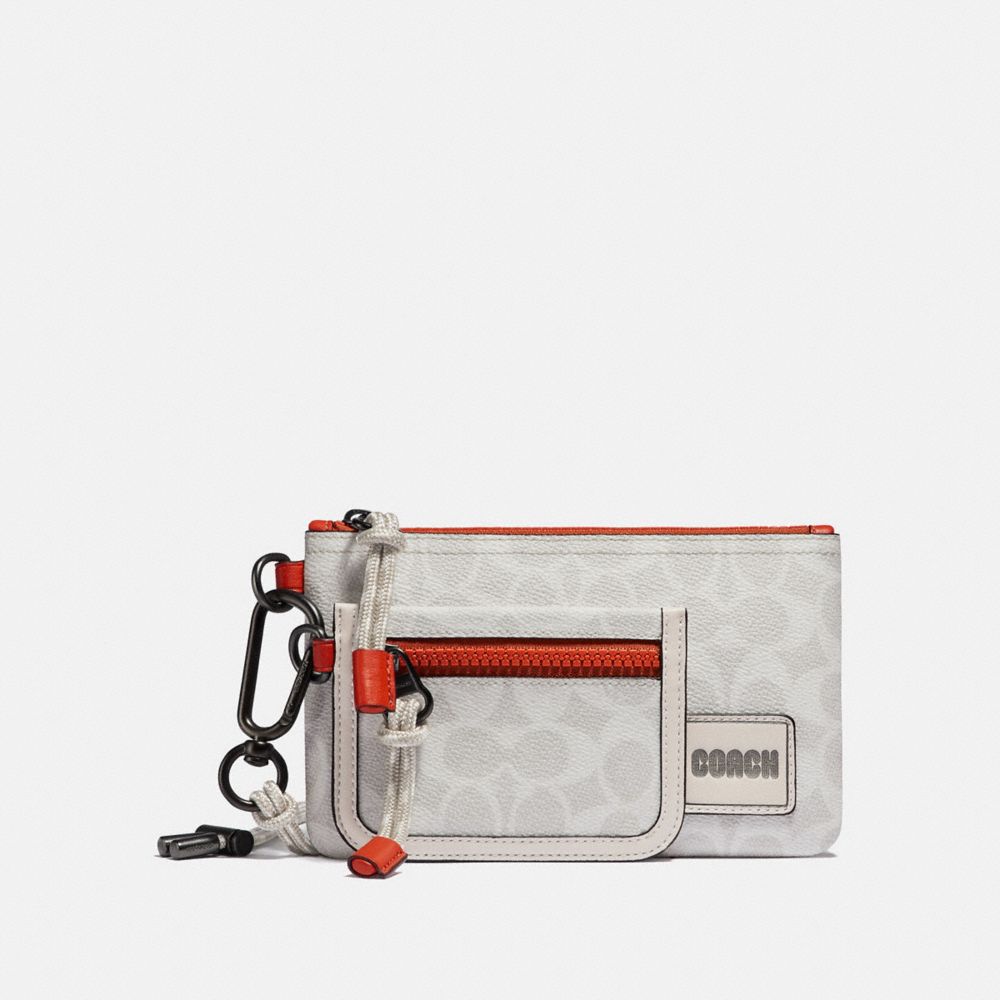 COACH 910 DOUBLE POUCH LANYARD IN SIGNATURE CANVAS WITH COACH PATCH CHALK/MANGO