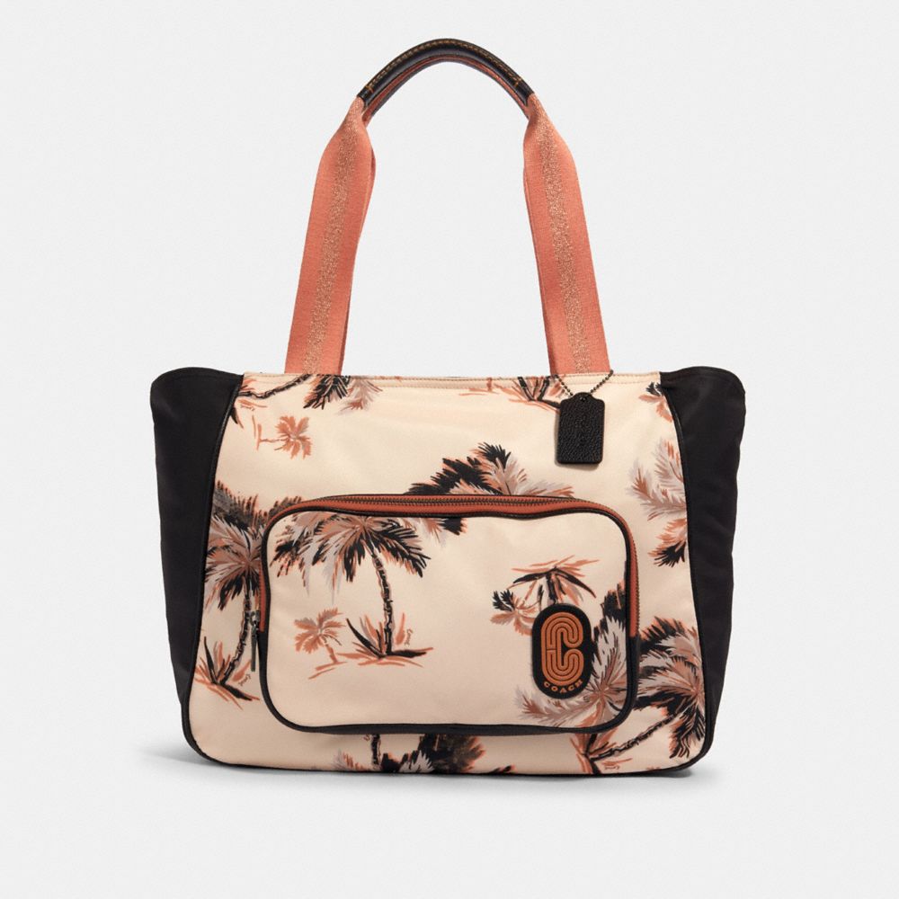 COURT TOTE WITH GLOWING PALM PRINT - 91111 - QB/PEACH MULTI