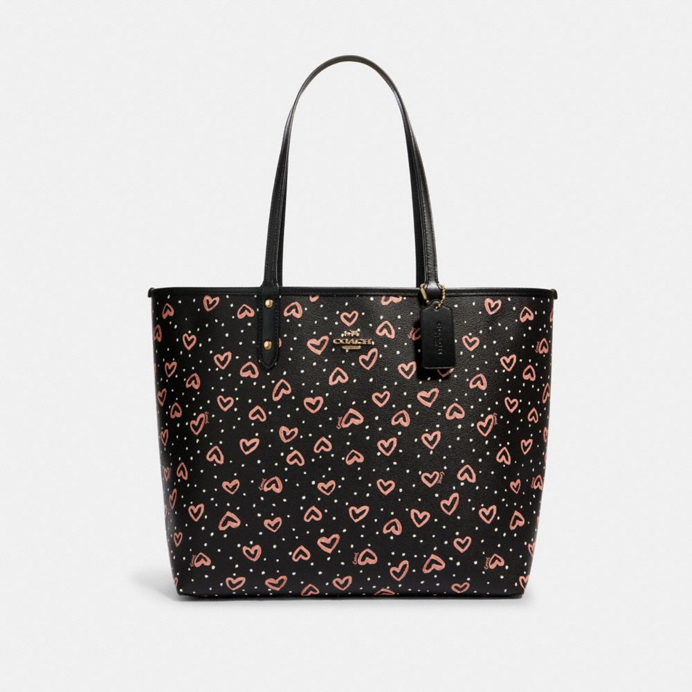 COACH 91151 Reversible City Tote With Crayon Hearts Print SV/BLACK PINK MULTI/LIT BLUSH