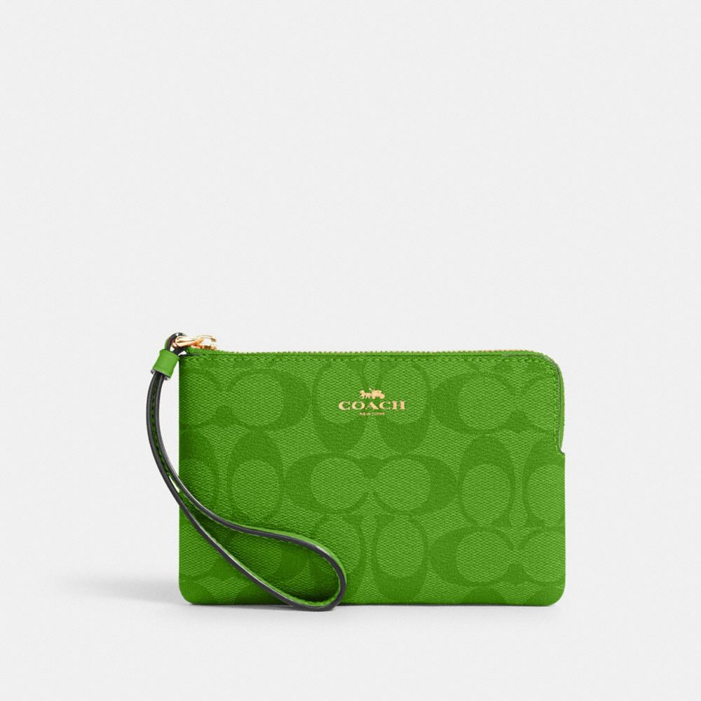 COACH 91178 Corner Zip Wristlet In Signature Canvas IM/NEON GREEN