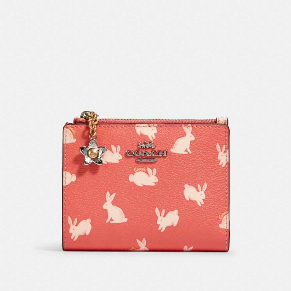 COACH 91200 Snap Card Case With Bunny Script Print SV/BRIGHT CORAL