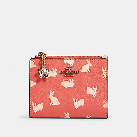 COACH 91200 SNAP CARD CASE WITH BUNNY SCRIPT PRINT SV/BRIGHT CORAL
