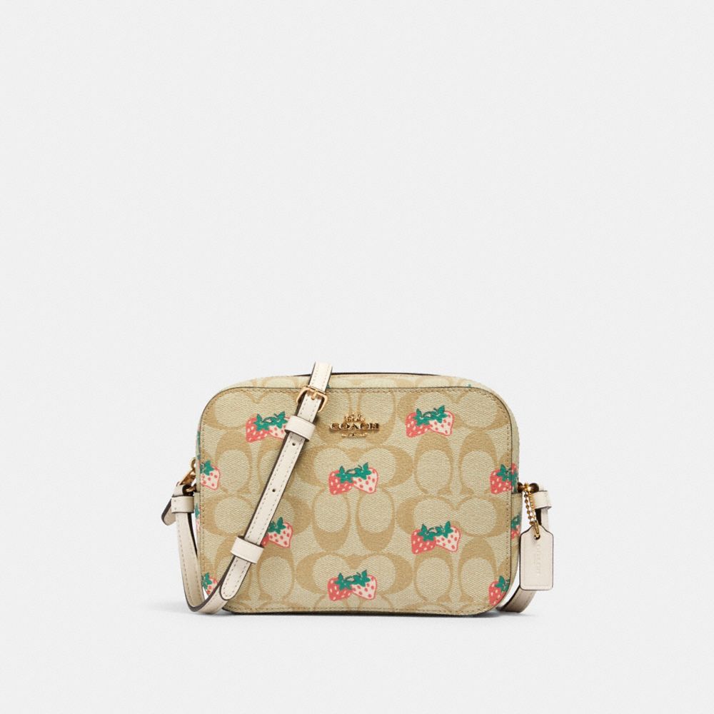 MINI CAMERA BAG IN SIGNATURE CANVAS WITH STRAWBERRY PRINT - 91203 - IM/KHAKI MULTI